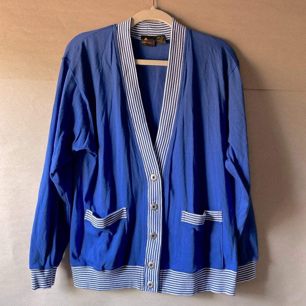 Lizsport Petites Blue Cardigan with Striped Trim. Size S
